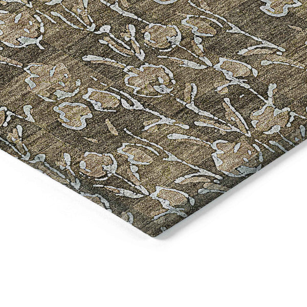 10' X 14' Brown And Ivory Floral Washable Indoor Outdoor Area Rug