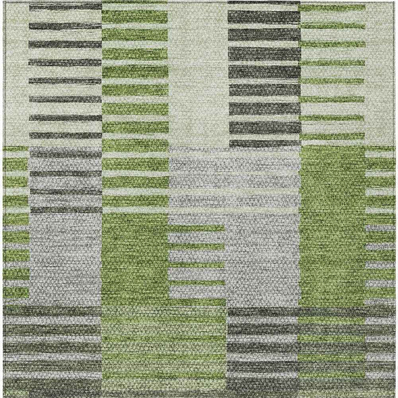 9' X 12' Green And Olive Green Striped Washable Indoor Outdoor Area Rug