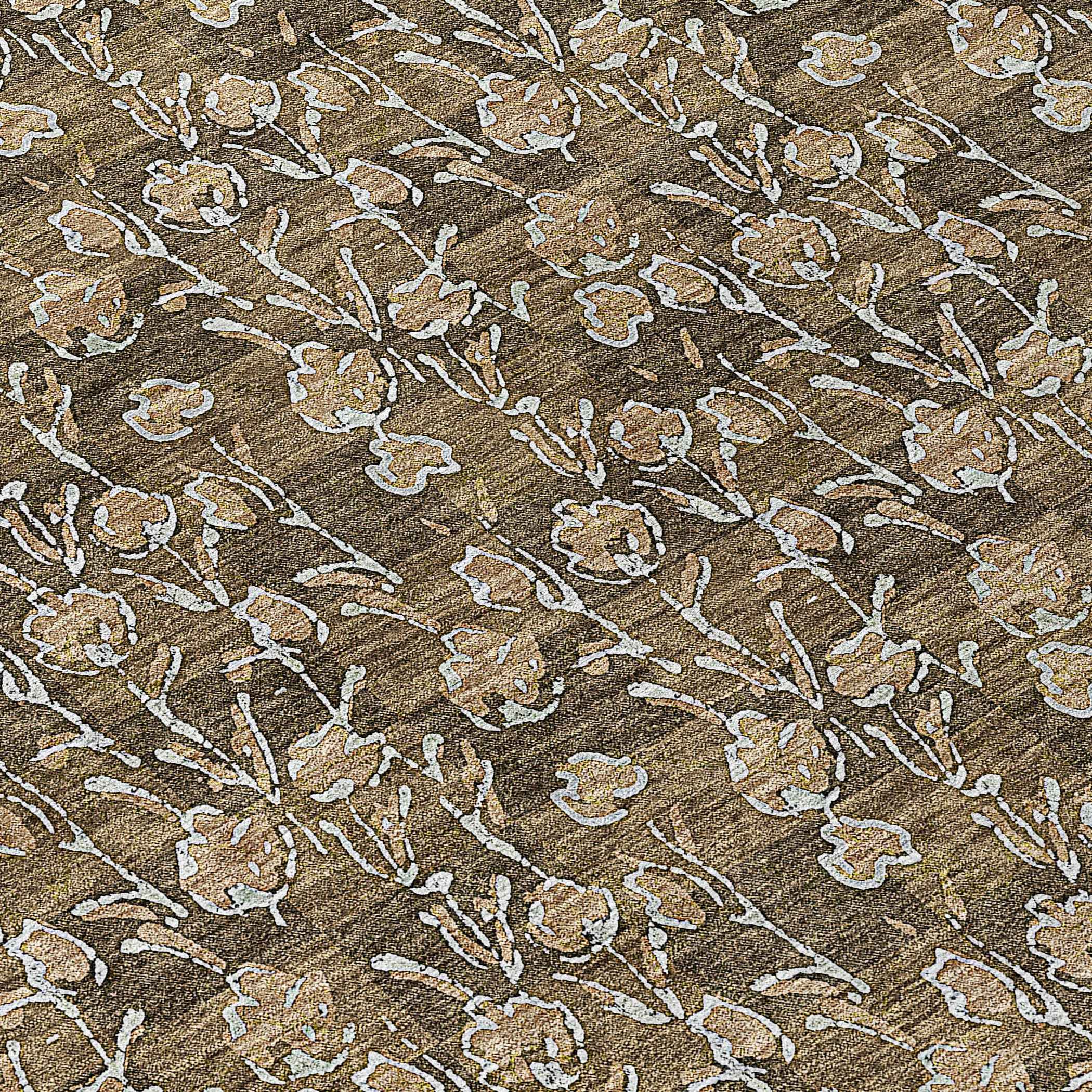 10' X 14' Brown And Ivory Floral Washable Indoor Outdoor Area Rug