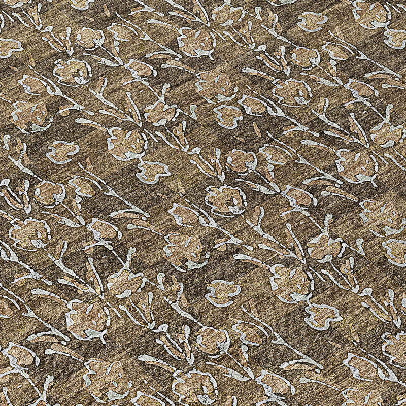10' X 14' Brown And Ivory Floral Washable Indoor Outdoor Area Rug
