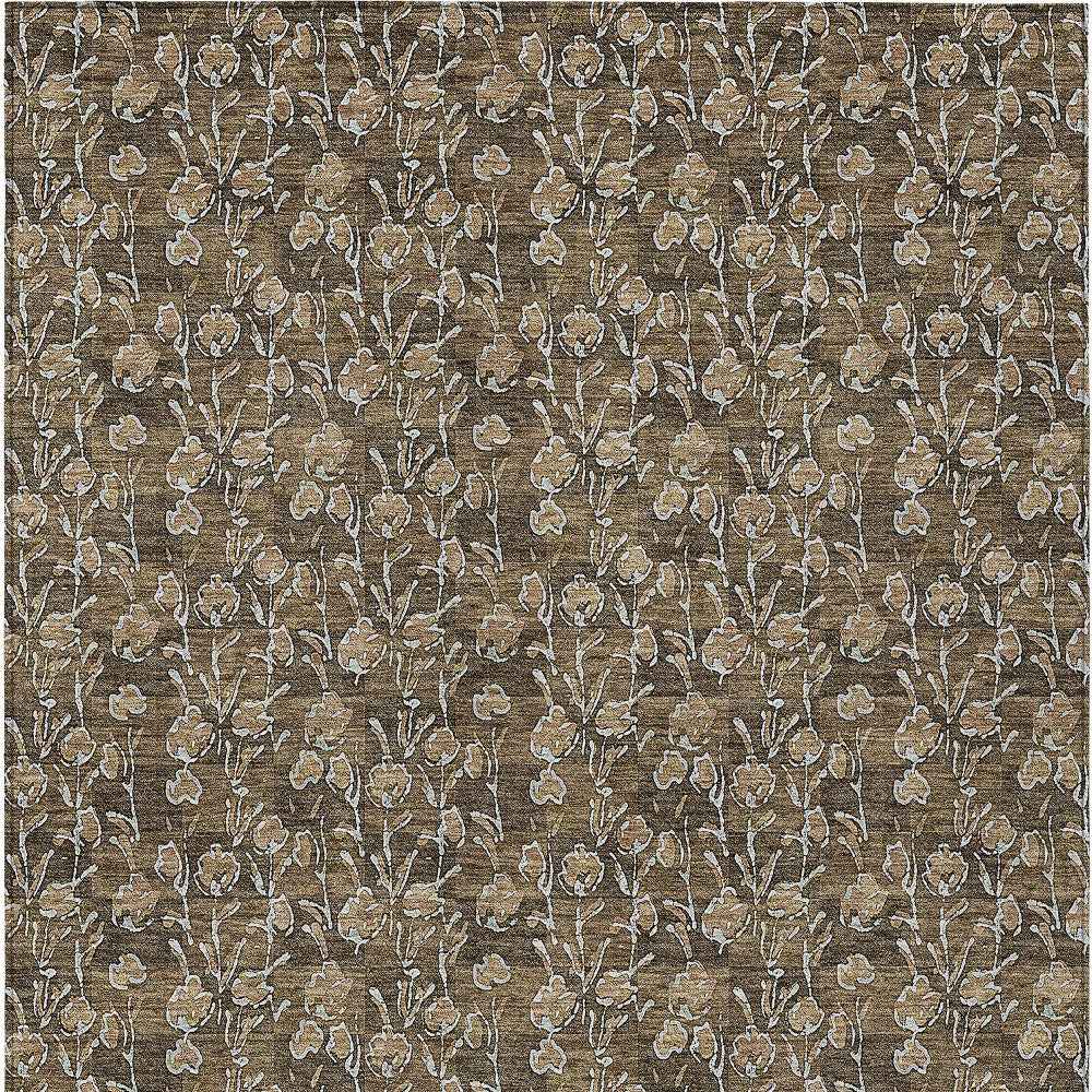 10' X 14' Brown And Ivory Floral Washable Indoor Outdoor Area Rug