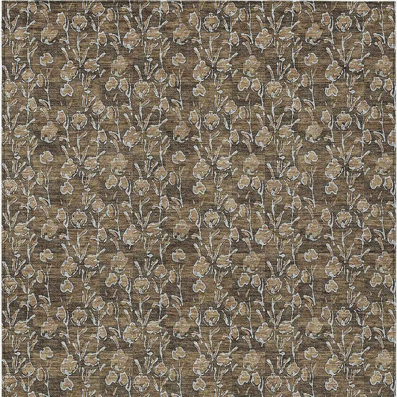 10' X 14' Brown And Ivory Floral Washable Indoor Outdoor Area Rug
