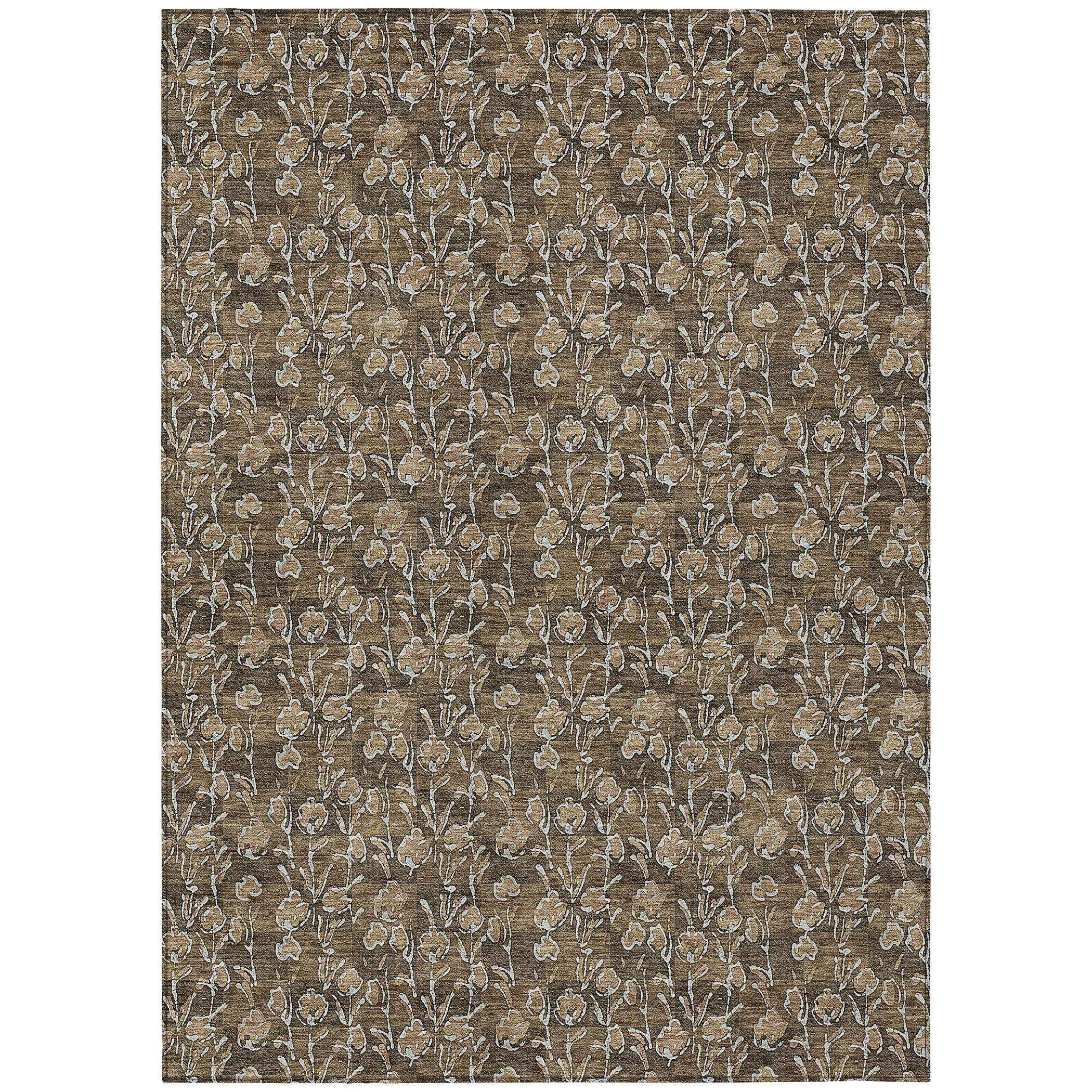 10' X 14' Brown And Ivory Floral Washable Indoor Outdoor Area Rug