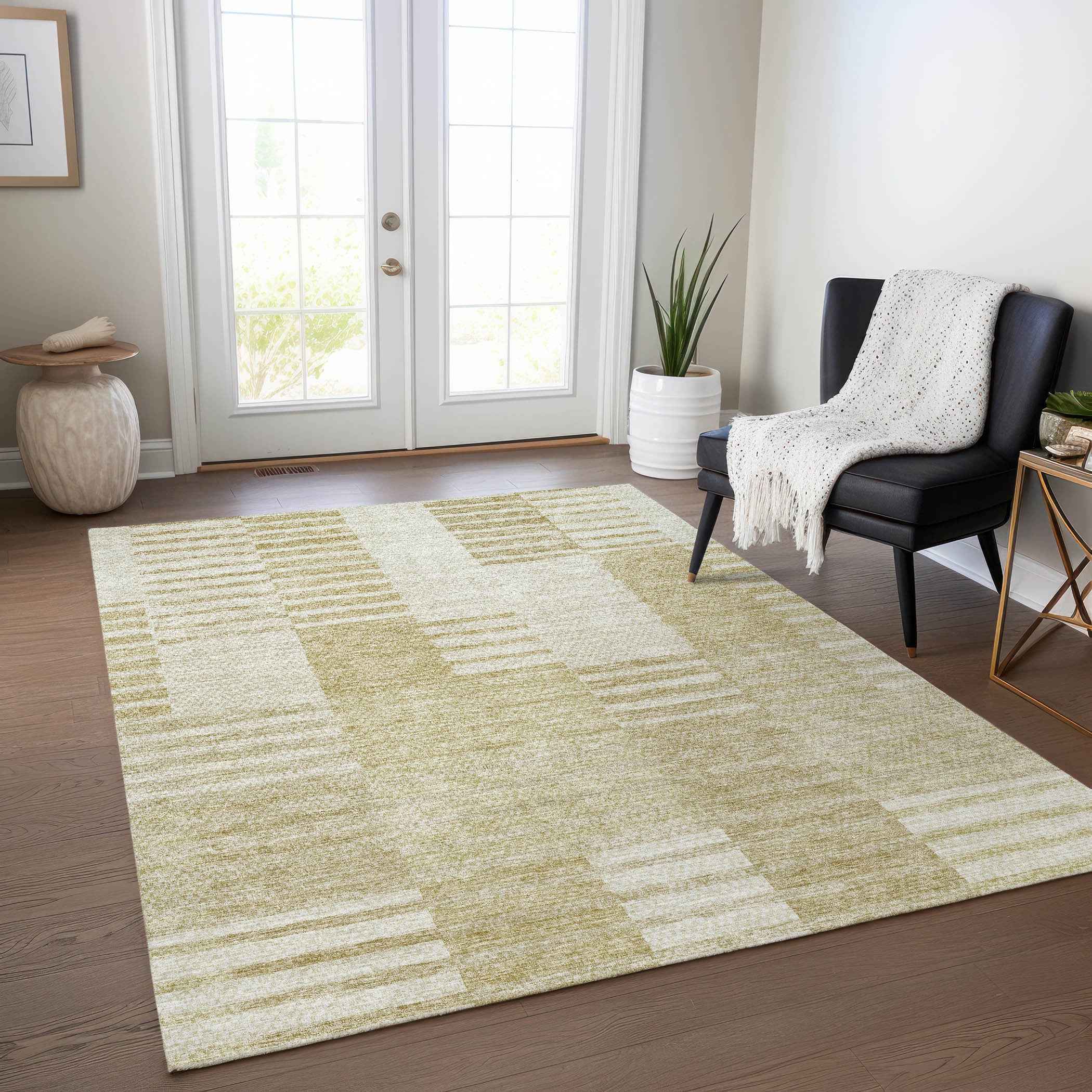 10' X 14' Beige And Ivory Striped Washable Indoor Outdoor Area Rug