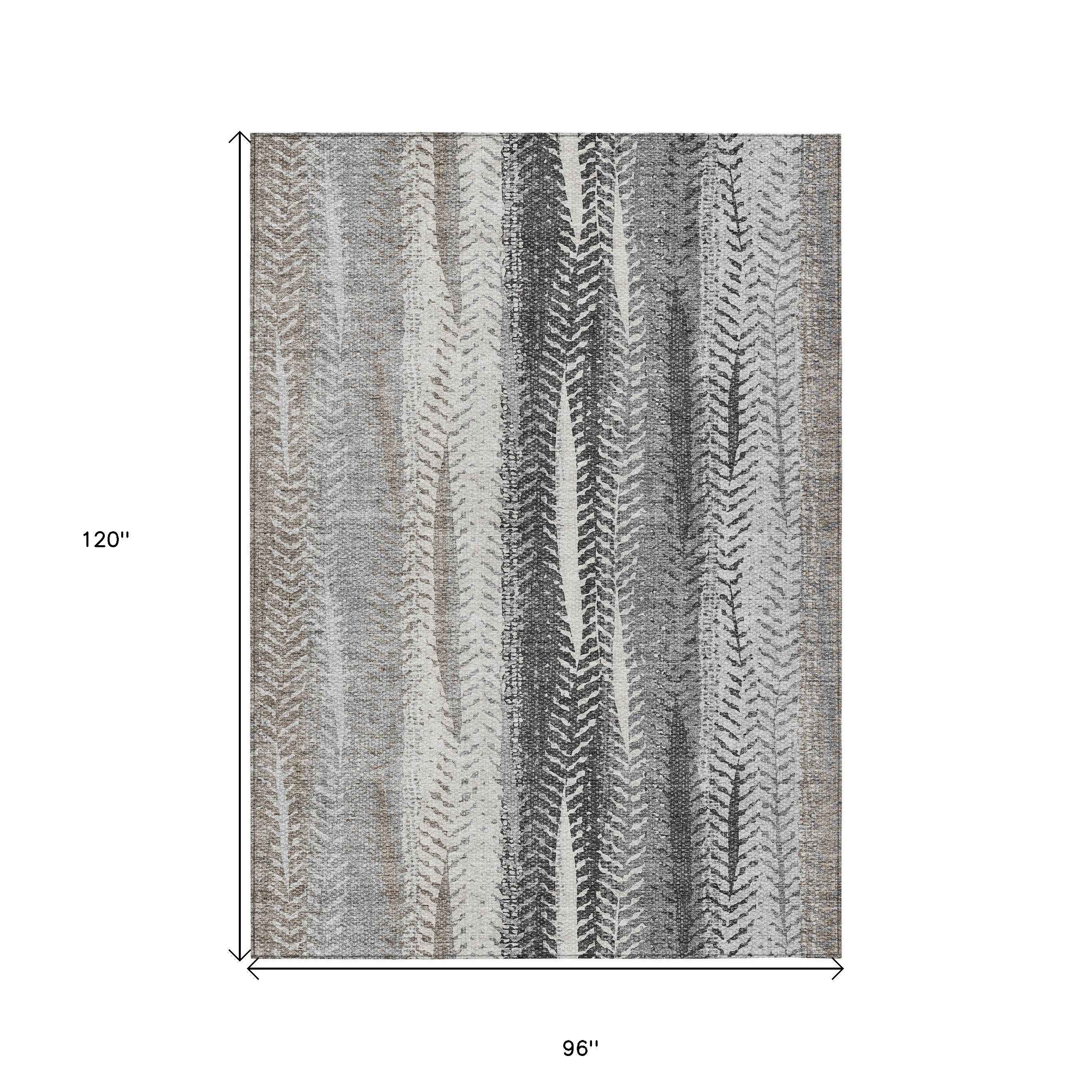 8' X 10' Khaki Ivory And Gray Botanical Leaves Washable Indoor Outdoor Area Rug