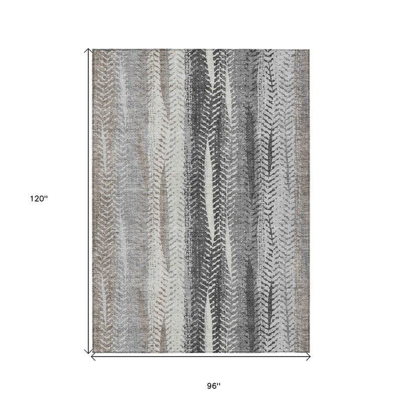 8' X 10' Khaki Ivory And Gray Botanical Leaves Washable Indoor Outdoor Area Rug