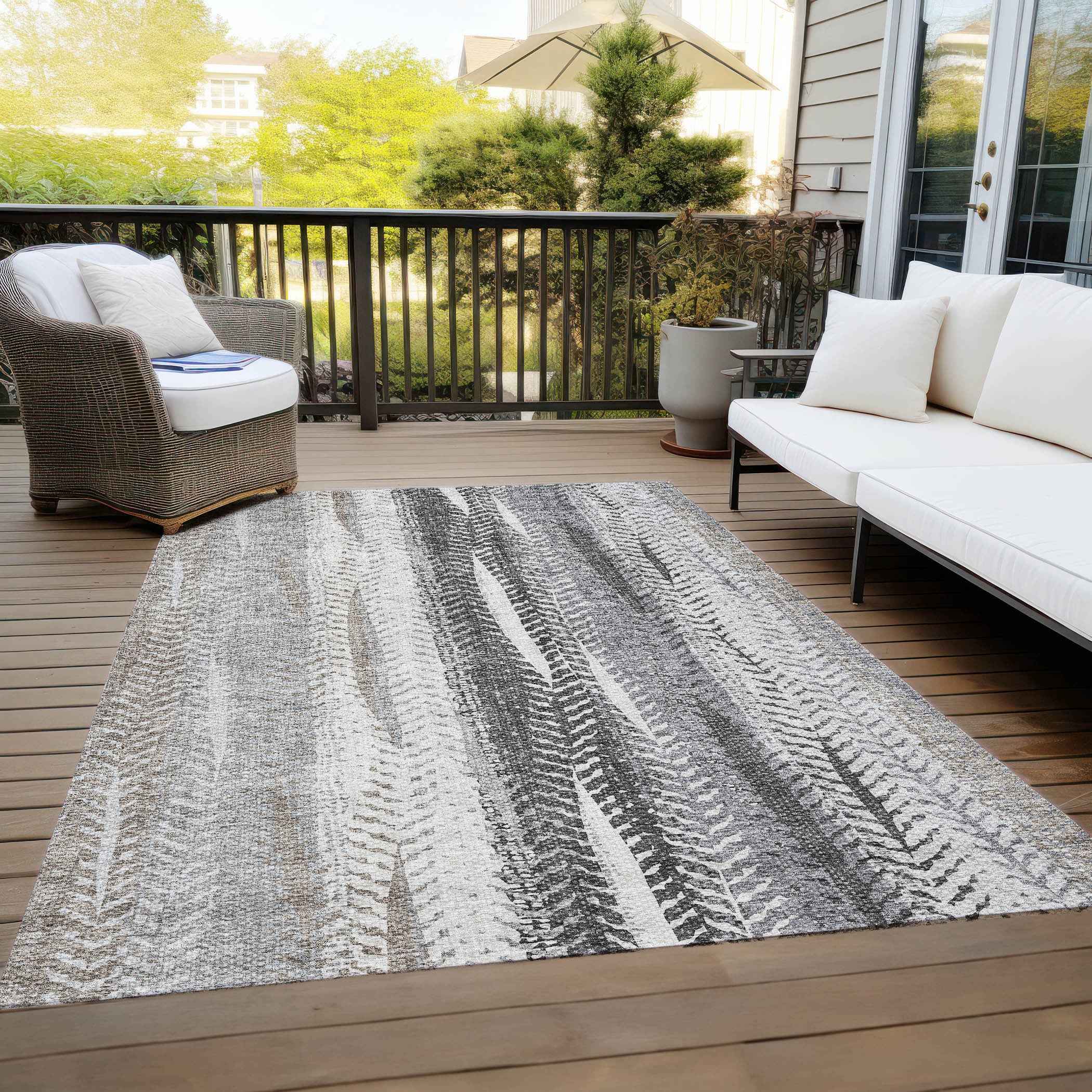 8' X 10' Khaki Ivory And Gray Botanical Leaves Washable Indoor Outdoor Area Rug