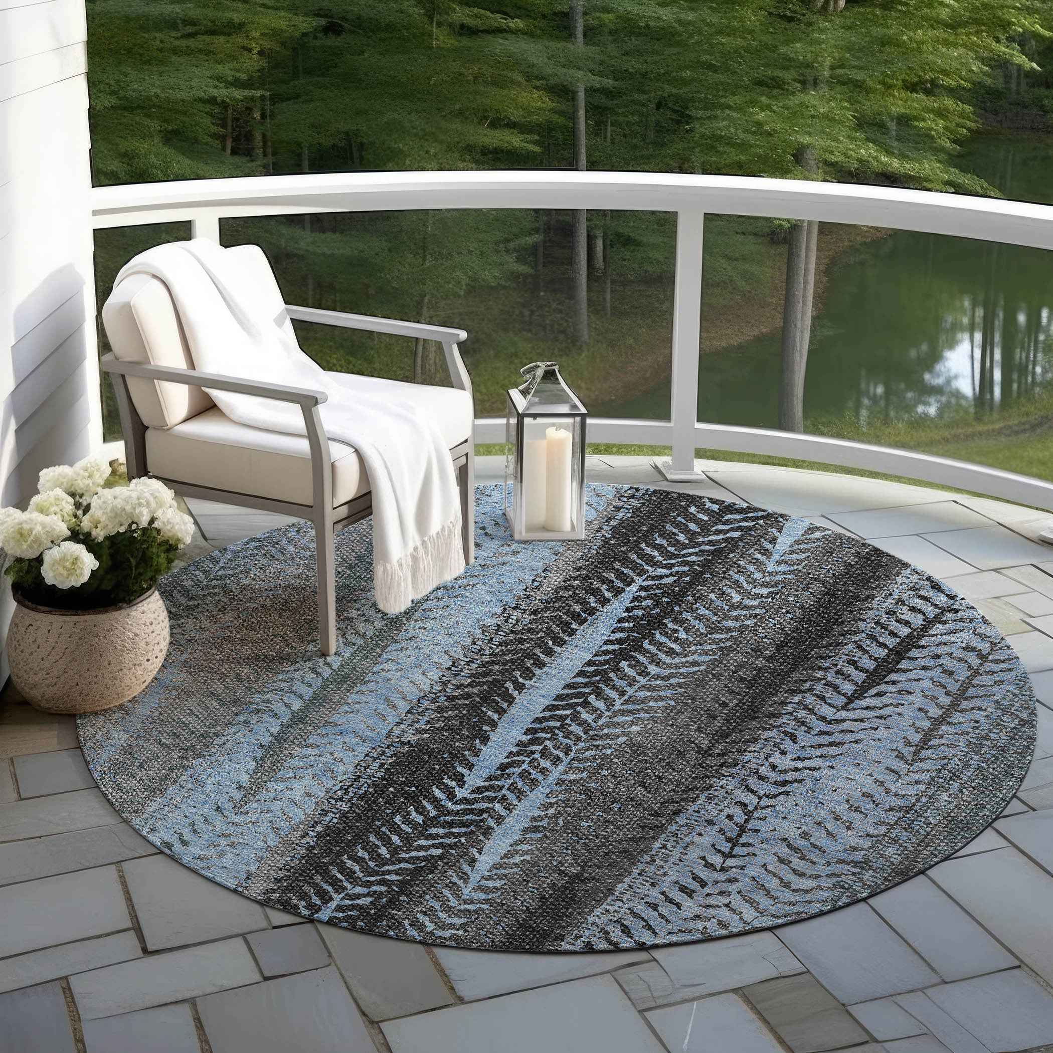 8' Blue Gray And Charcoal Round Botanical Leaves Washable Indoor Outdoor Area Rug