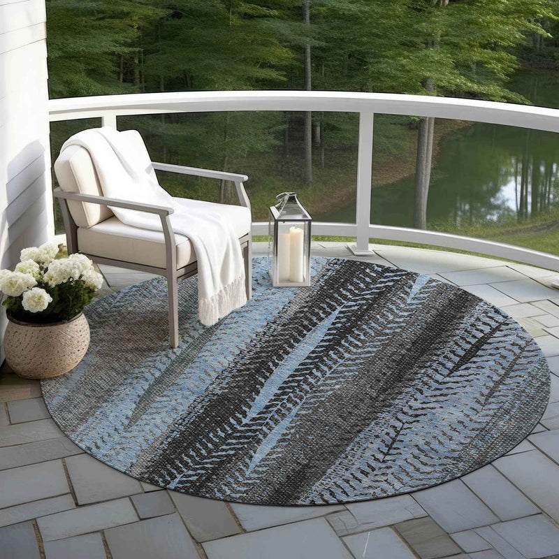 8' Blue Gray And Charcoal Round Botanical Leaves Washable Indoor Outdoor Area Rug