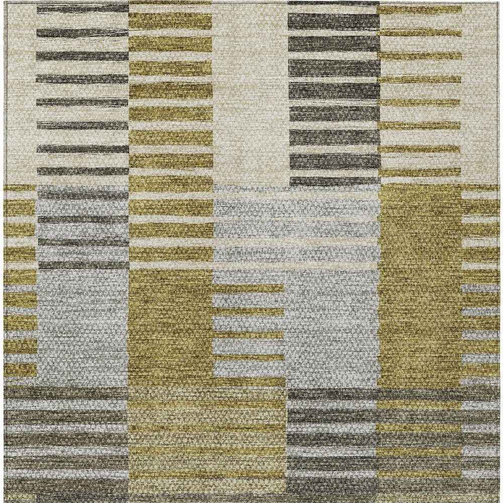 3' X 5' Brown Gold And Taupe Striped Washable Indoor Outdoor Area Rug