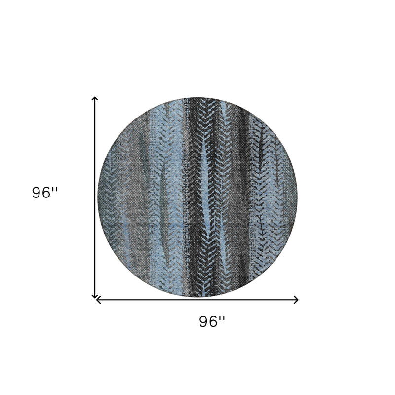 8' Blue Gray And Charcoal Round Botanical Leaves Washable Indoor Outdoor Area Rug