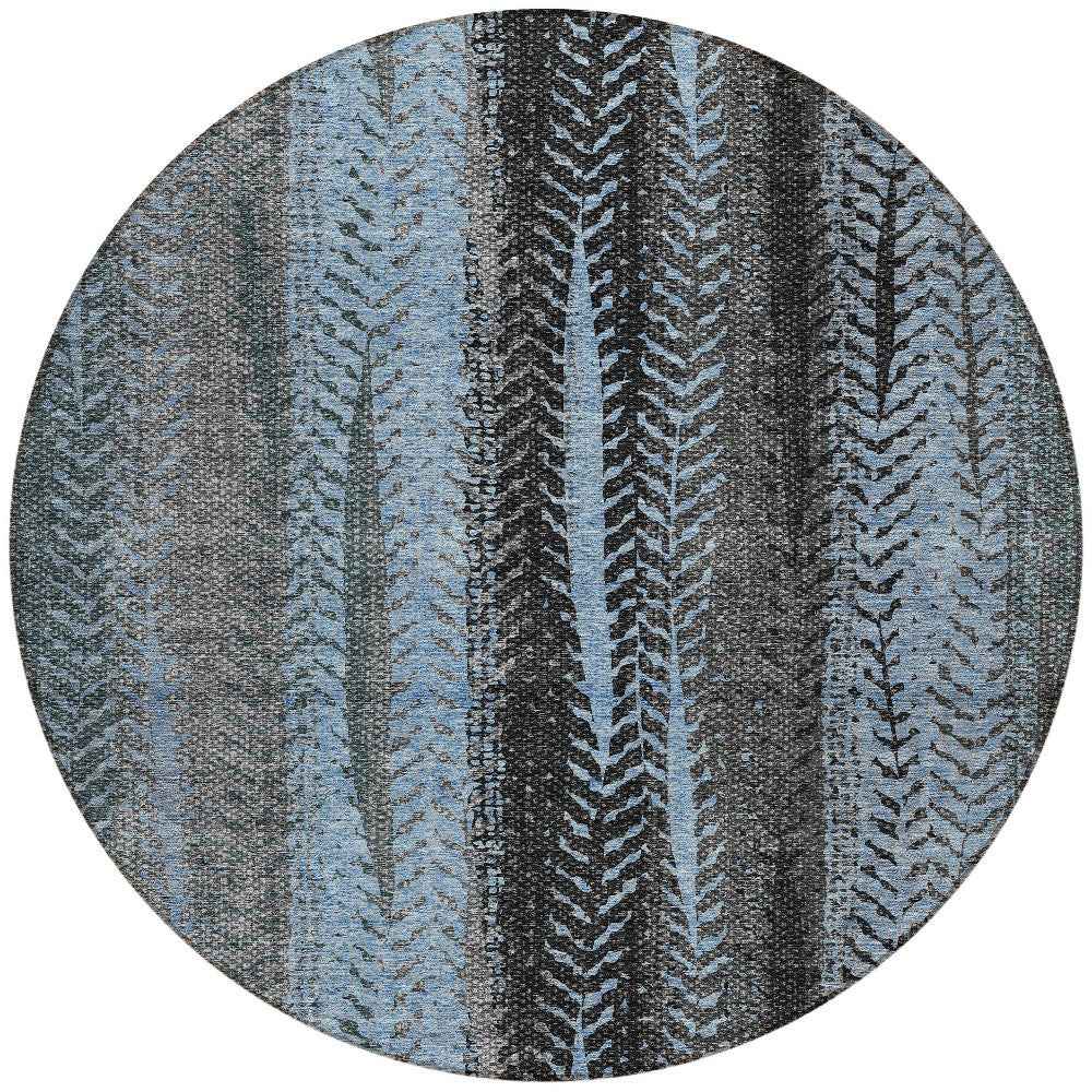 8' Blue Gray And Charcoal Round Botanical Leaves Washable Indoor Outdoor Area Rug