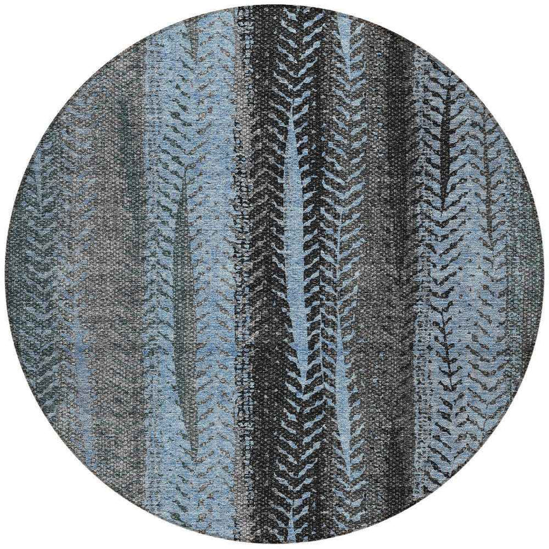 8' Blue Gray And Charcoal Round Botanical Leaves Washable Indoor Outdoor Area Rug