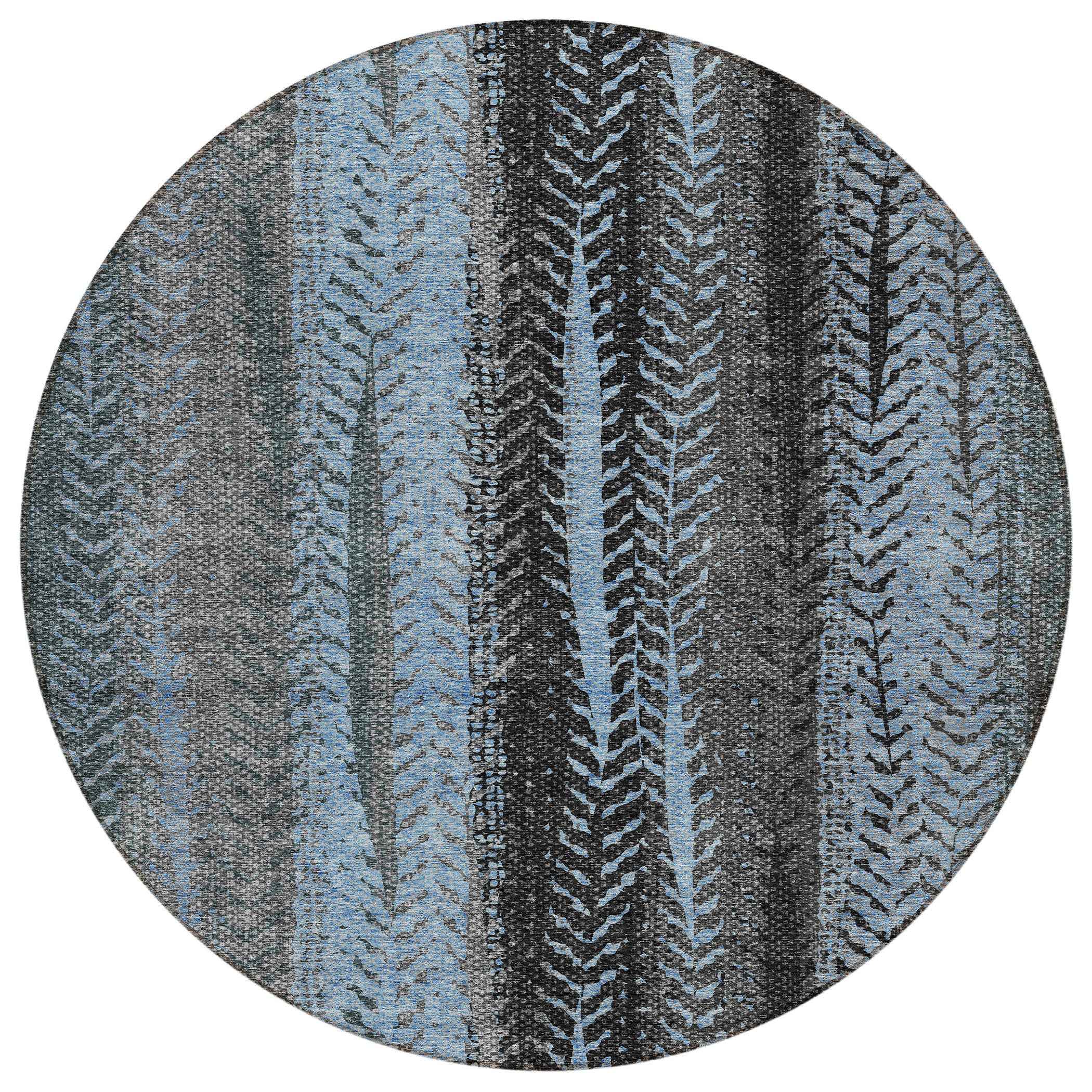 8' Blue Gray And Charcoal Round Botanical Leaves Washable Indoor Outdoor Area Rug
