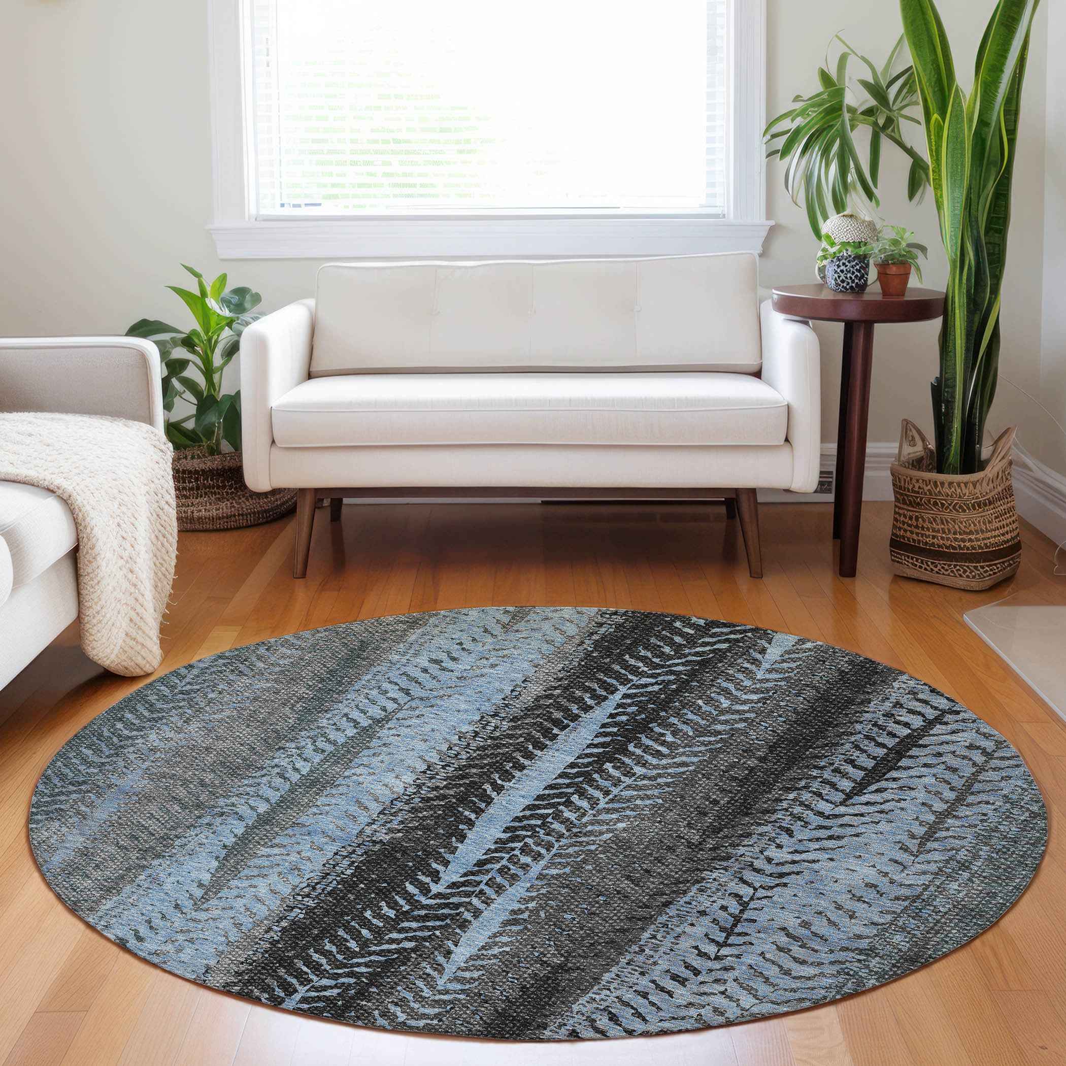 8' Blue Gray And Charcoal Round Botanical Leaves Washable Indoor Outdoor Area Rug