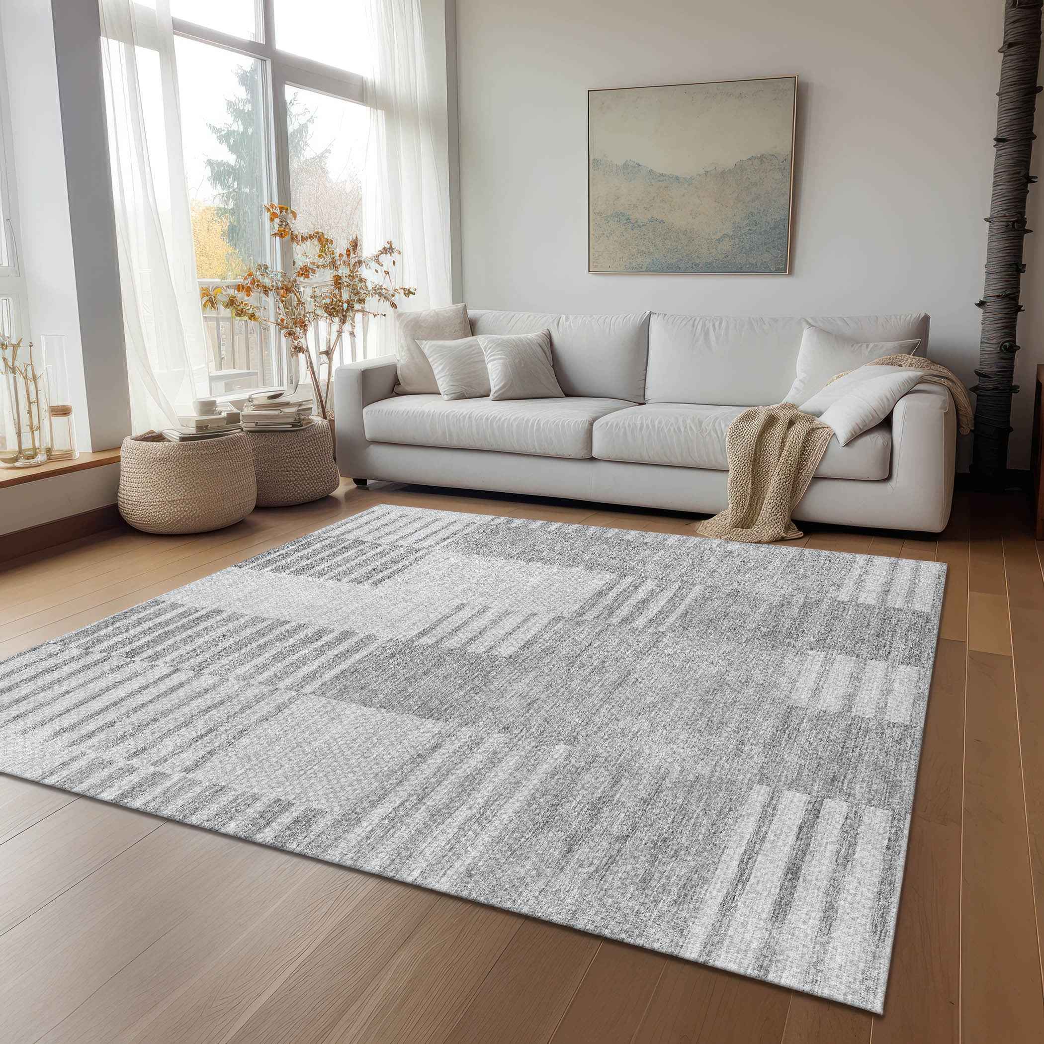 10' X 14' Silver Gray And Ivory Striped Washable Indoor Outdoor Area Rug