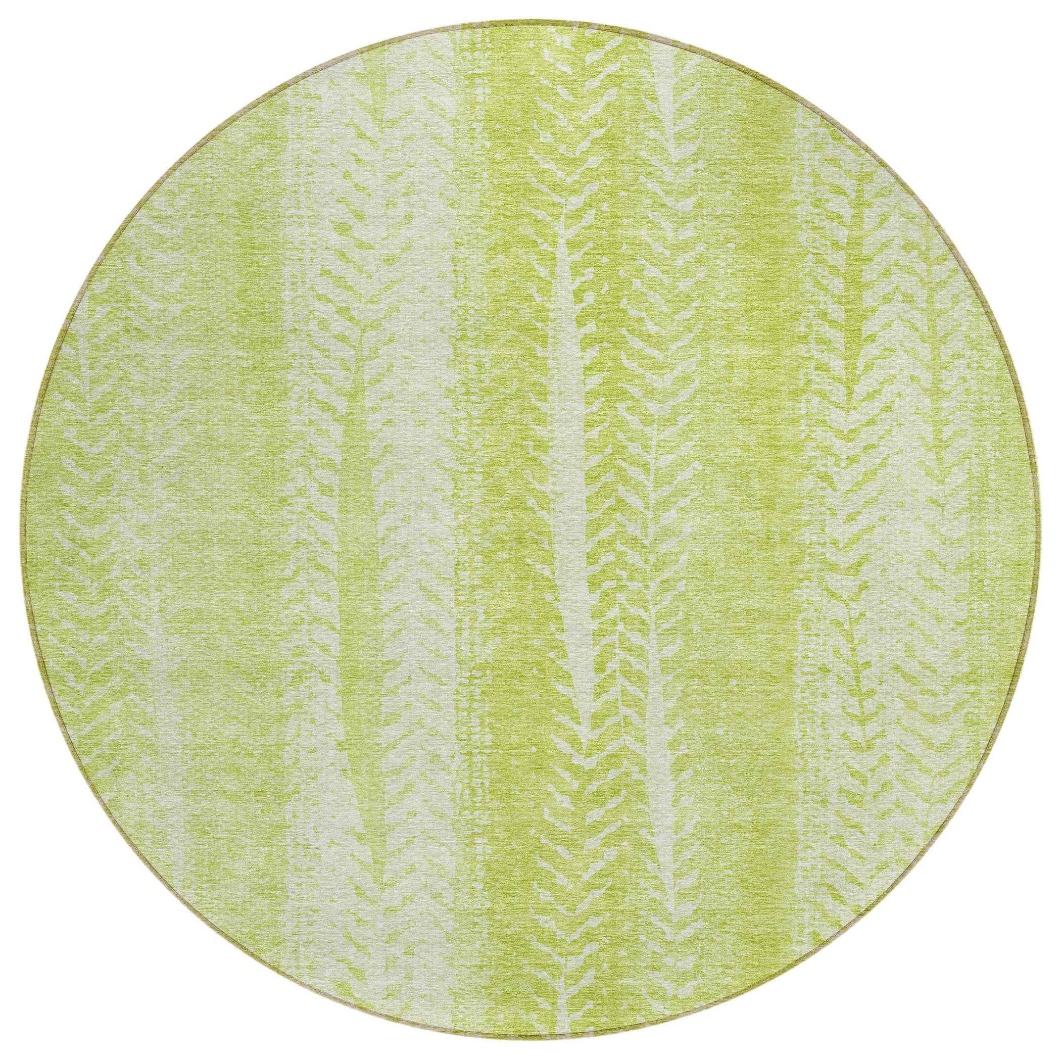 8' Artichoke Green And Ivory Round Botanical Leaves Washable Indoor Outdoor Area Rug