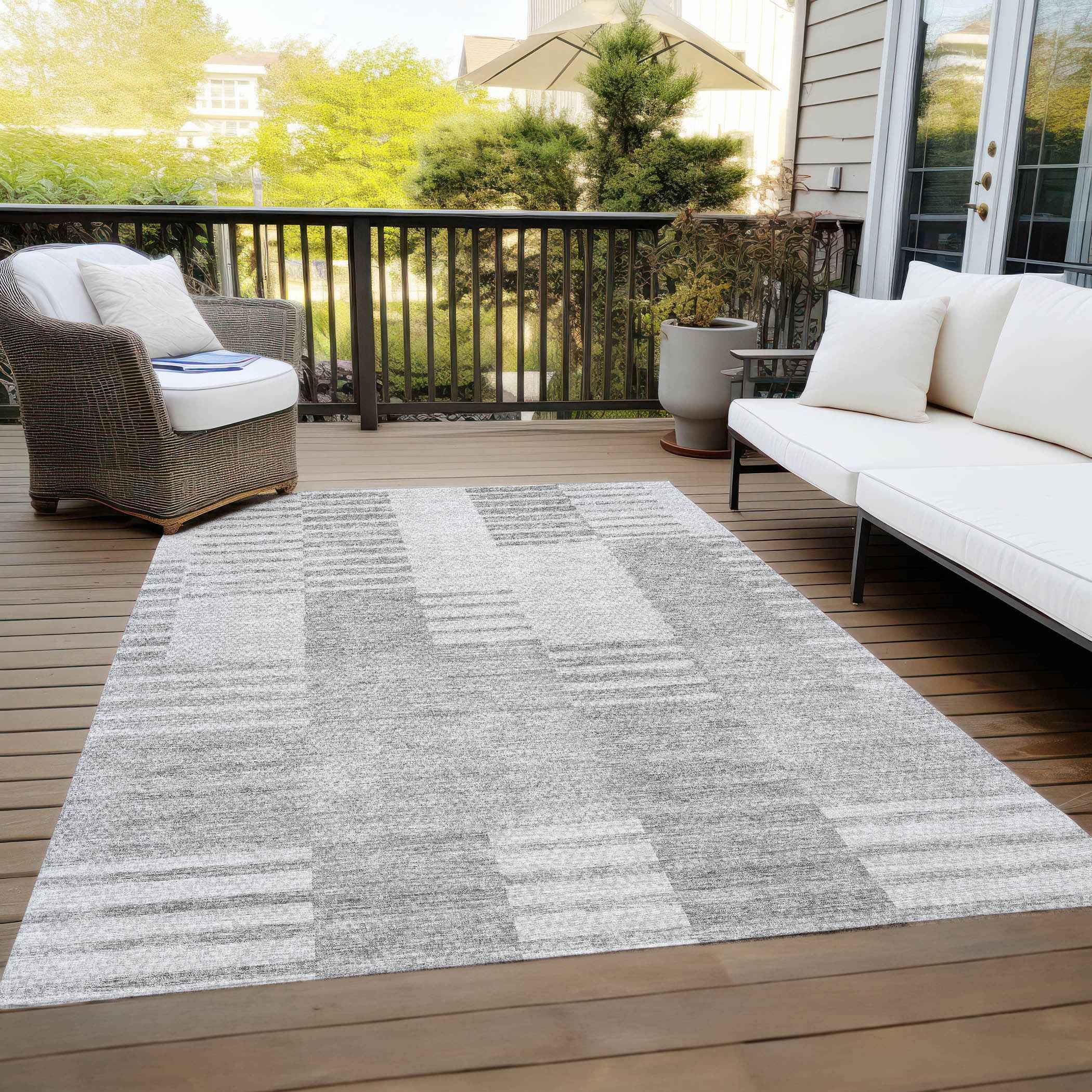 10' X 14' Silver Gray And Ivory Striped Washable Indoor Outdoor Area Rug