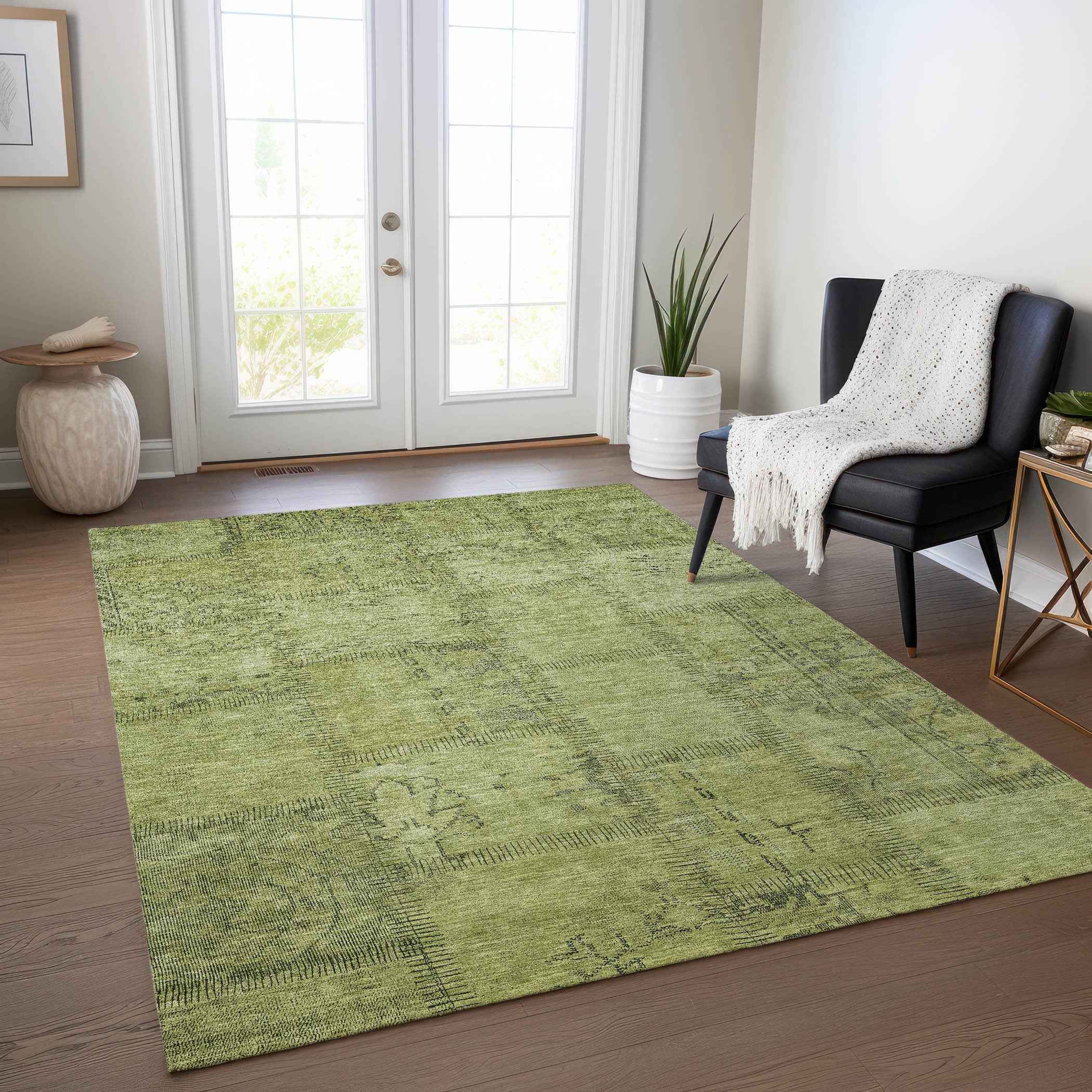 10' X 14' Fern Green And Artichoke Green Patchwork Washable Indoor Outdoor Area Rug