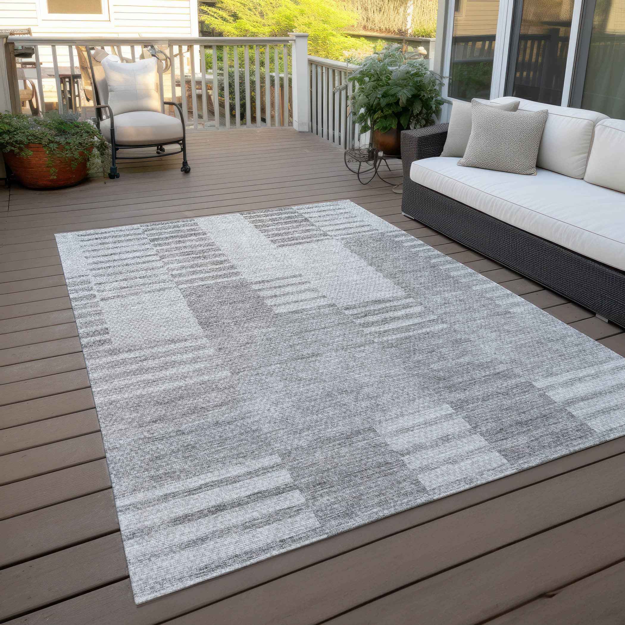 10' X 14' Silver Gray And Ivory Striped Washable Indoor Outdoor Area Rug