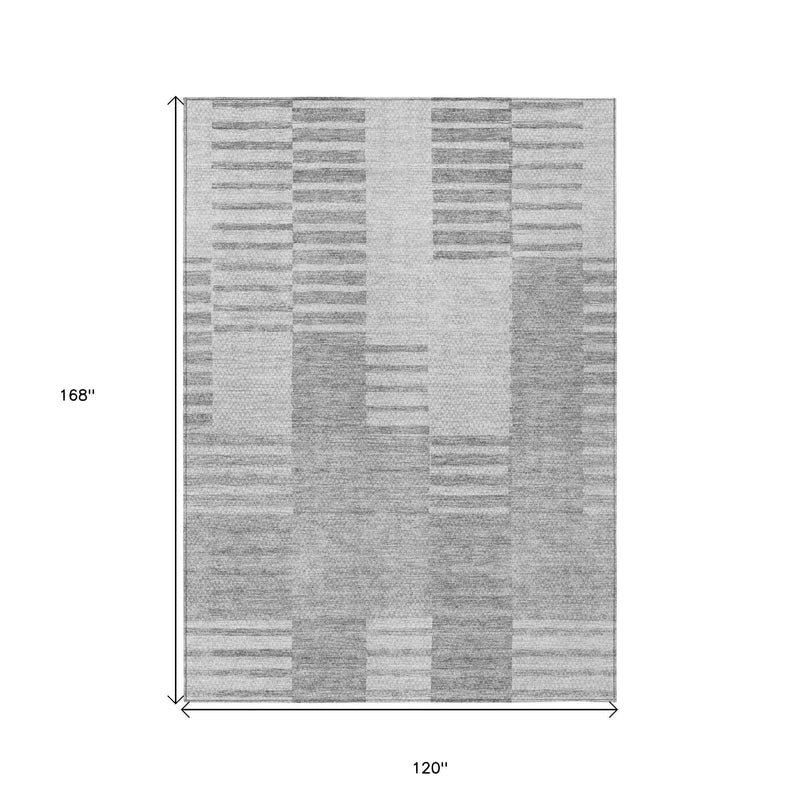 10' X 14' Silver Gray And Ivory Striped Washable Indoor Outdoor Area Rug