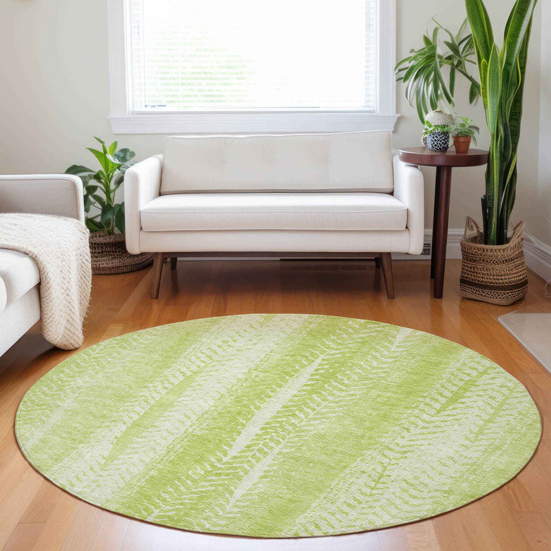 8' Artichoke Green And Ivory Round Botanical Leaves Washable Indoor Outdoor Area Rug