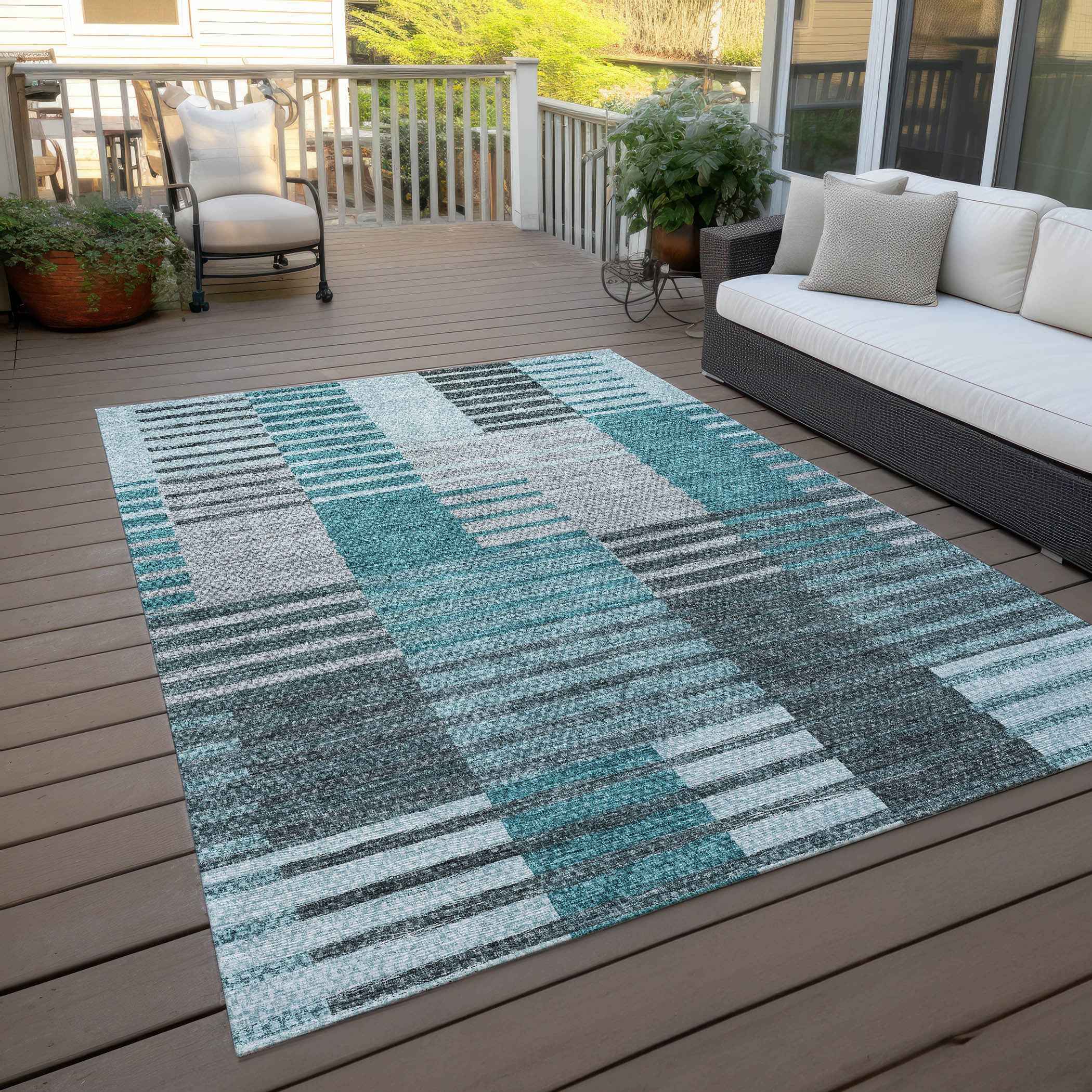 3' X 5' Teal Blue Aqua And Gray Striped Washable Indoor Outdoor Area Rug