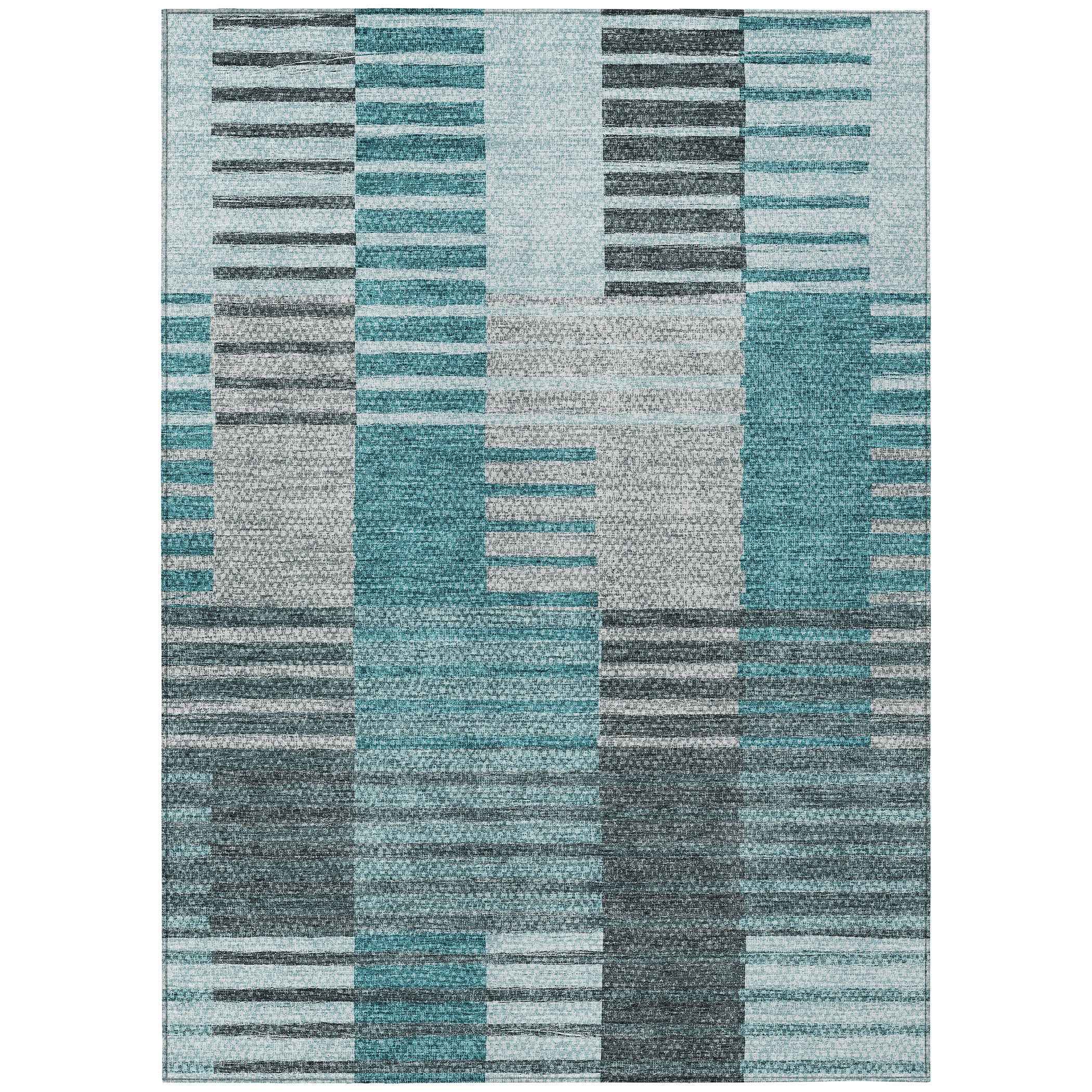 3' X 5' Teal Blue Aqua And Gray Striped Washable Indoor Outdoor Area Rug