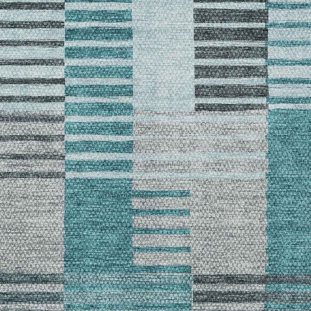 3' X 5' Teal Blue Aqua And Gray Striped Washable Indoor Outdoor Area Rug
