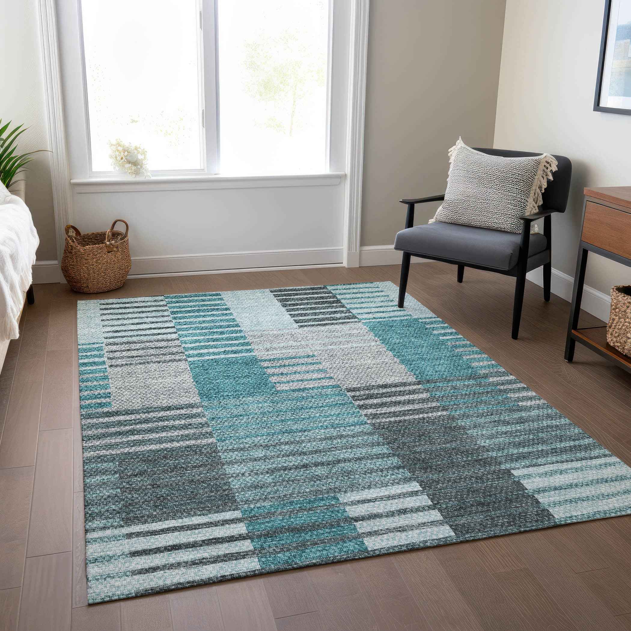 3' X 5' Teal Blue Aqua And Gray Striped Washable Indoor Outdoor Area Rug