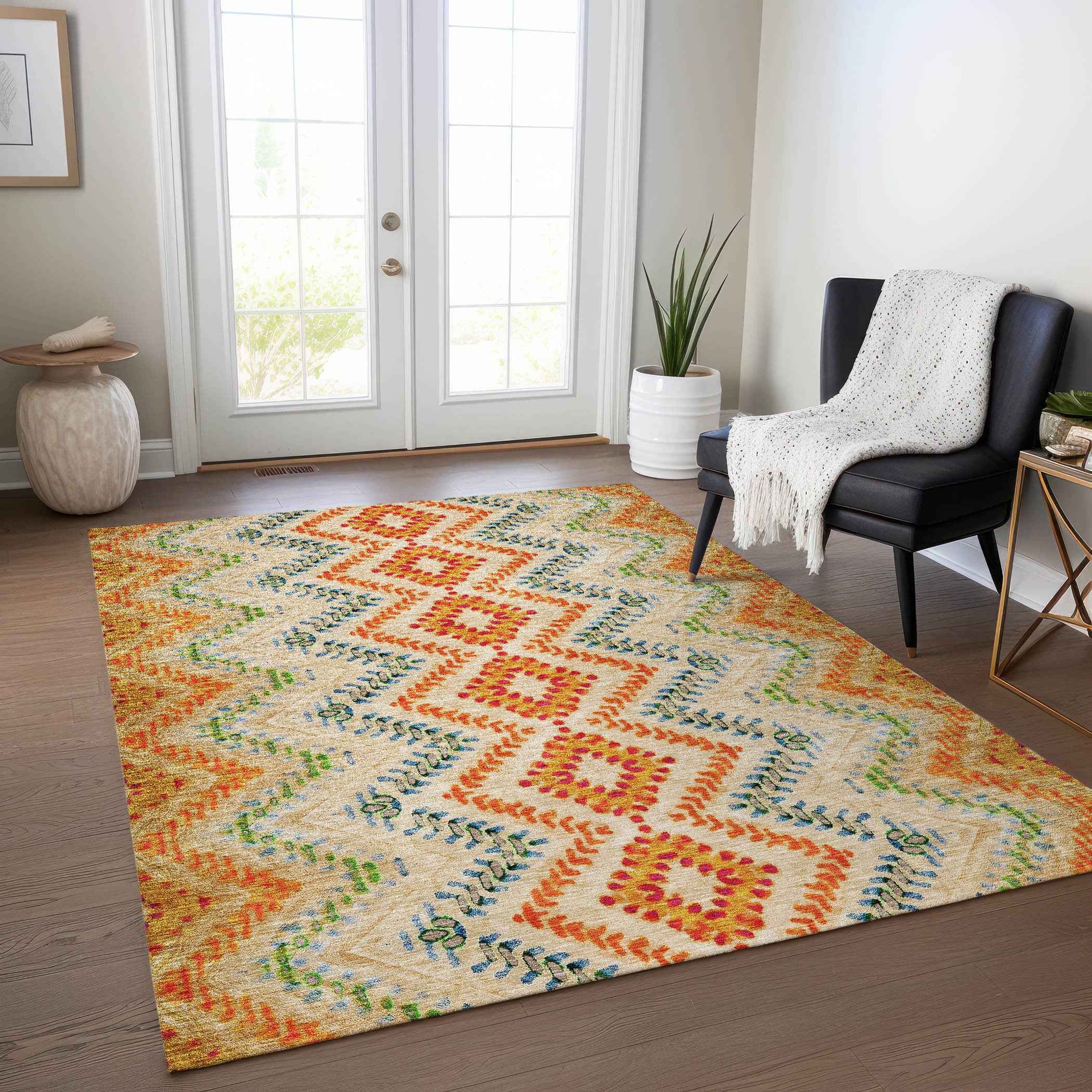 10' X 14' Beige Orange And Red Geometric Washable Indoor Outdoor Area Rug