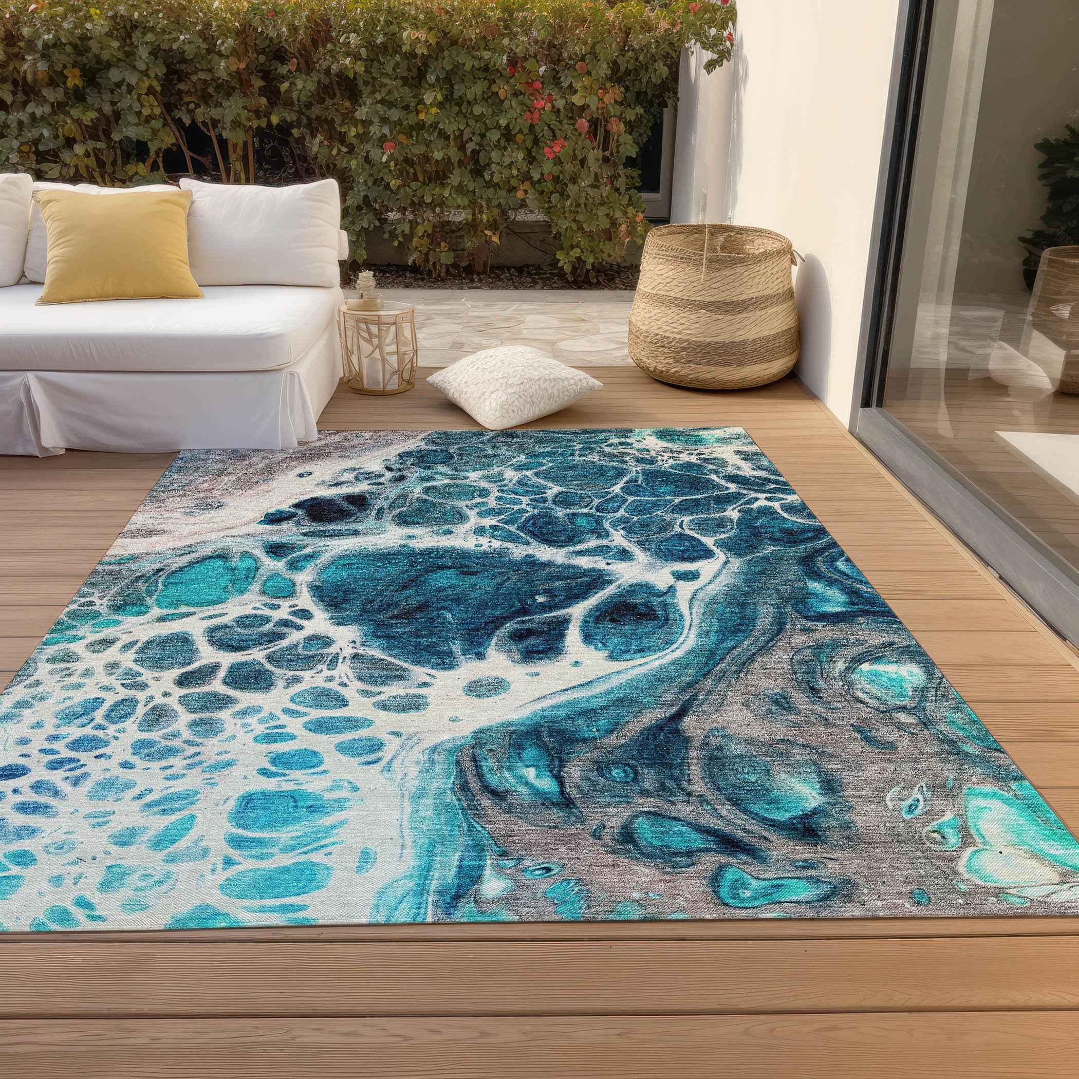 5' X 8' Teal Blue And Navy Blue Nautical Washable Indoor Outdoor Area Rug