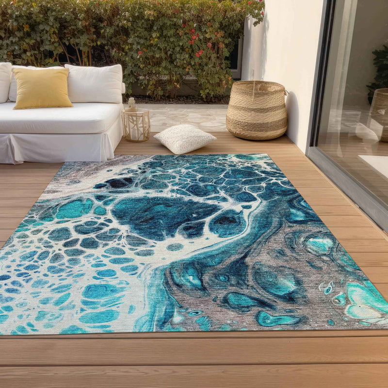 5' X 8' Teal Blue And Navy Blue Nautical Washable Indoor Outdoor Area Rug