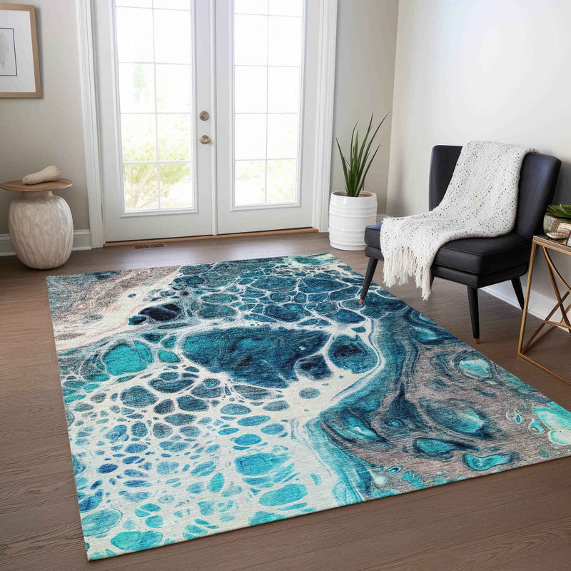 5' X 8' Teal Blue And Navy Blue Nautical Washable Indoor Outdoor Area Rug