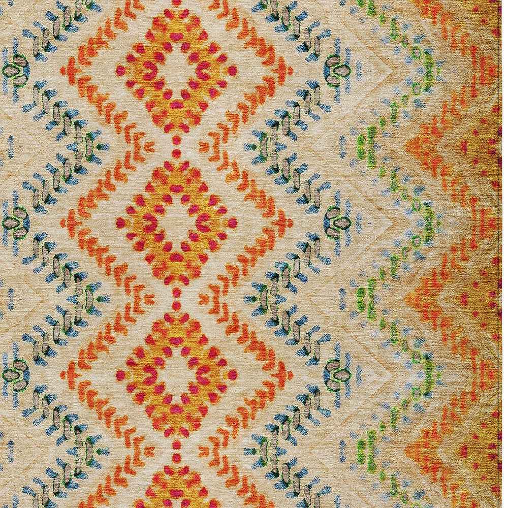 10' X 14' Beige Orange And Red Geometric Washable Indoor Outdoor Area Rug