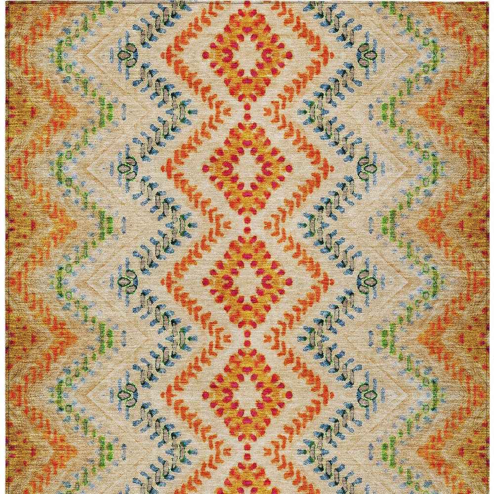 10' X 14' Beige Orange And Red Geometric Washable Indoor Outdoor Area Rug