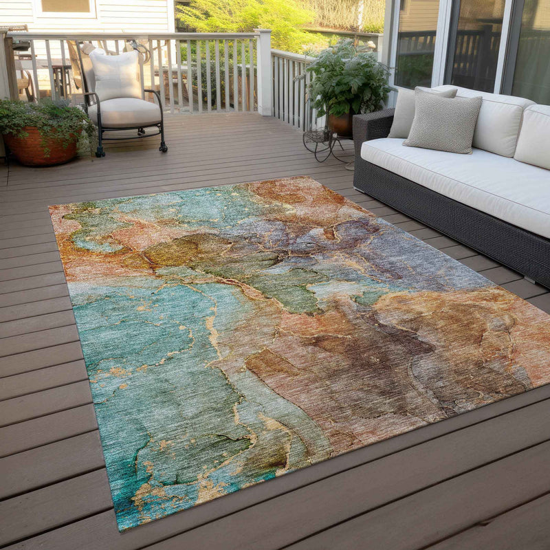 8' X 10' Copper Orange And Teal Blue Abstract Washable Indoor Outdoor Area Rug