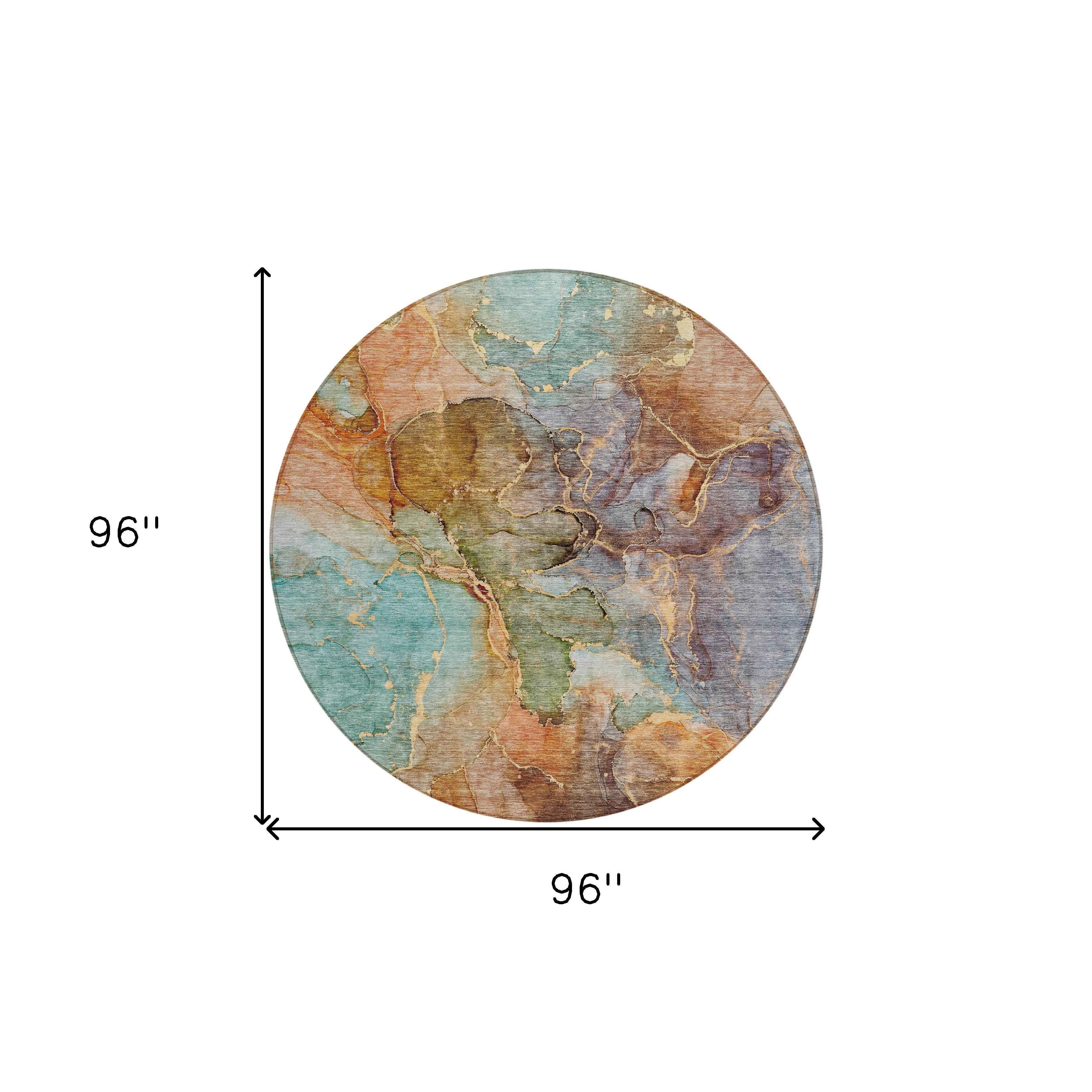 8' Copper Orange And Teal Blue Round Abstract Washable Indoor Outdoor Area Rug