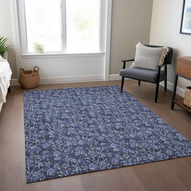 9' X 12' Navy Blue Denim Blue And Ivory Floral Washable Indoor Outdoor Area Rug