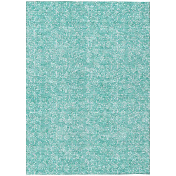 10' X 14' Teal Blue And Ivory Floral Washable Indoor Outdoor Area Rug