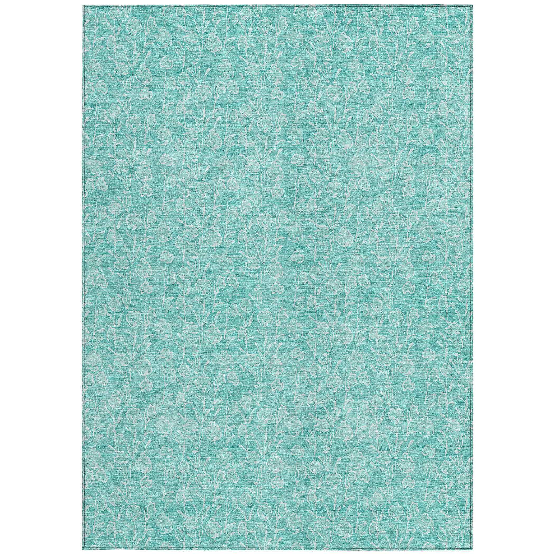10' X 14' Teal Blue And Ivory Floral Washable Indoor Outdoor Area Rug