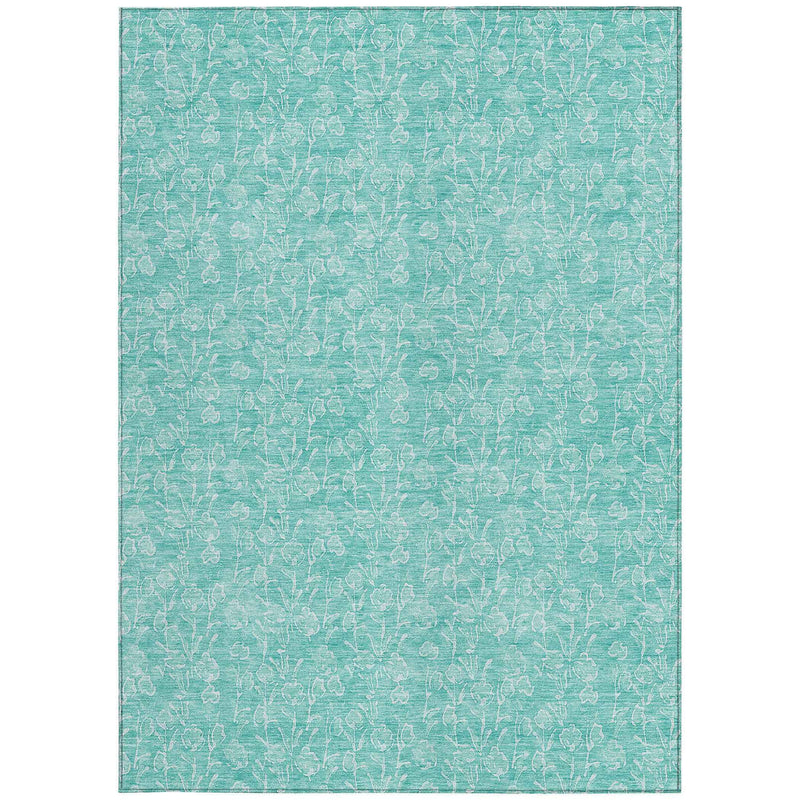 10' X 14' Teal Blue And Ivory Floral Washable Indoor Outdoor Area Rug