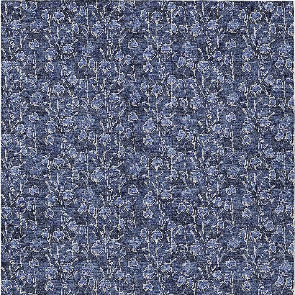 9' X 12' Navy Blue Denim Blue And Ivory Floral Washable Indoor Outdoor Area Rug