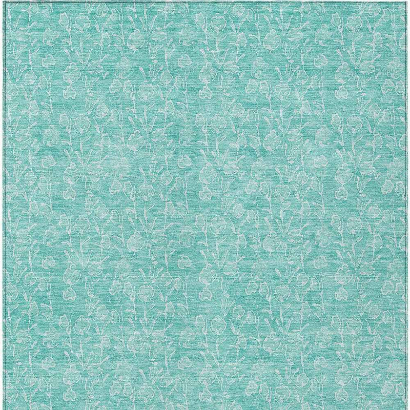 10' X 14' Teal Blue And Ivory Floral Washable Indoor Outdoor Area Rug