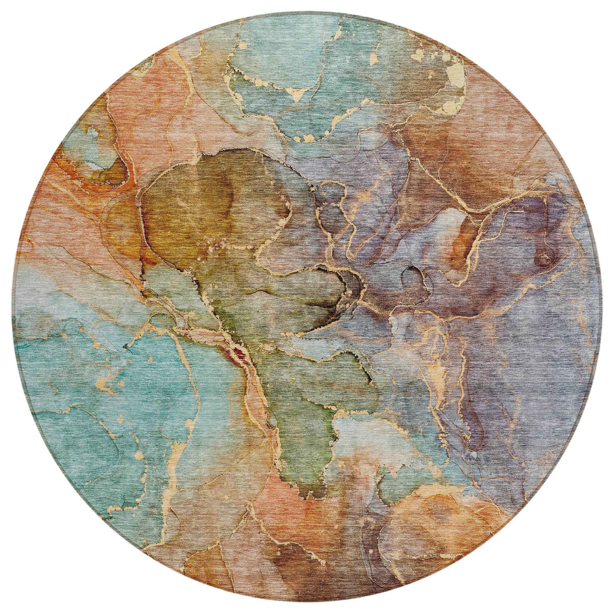 8' Copper Orange And Teal Blue Round Abstract Washable Indoor Outdoor Area Rug