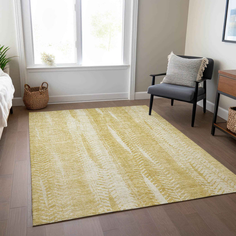 8' X 10' Gold Wheat And Ivory Botanical Leaves Washable Indoor Outdoor Area Rug