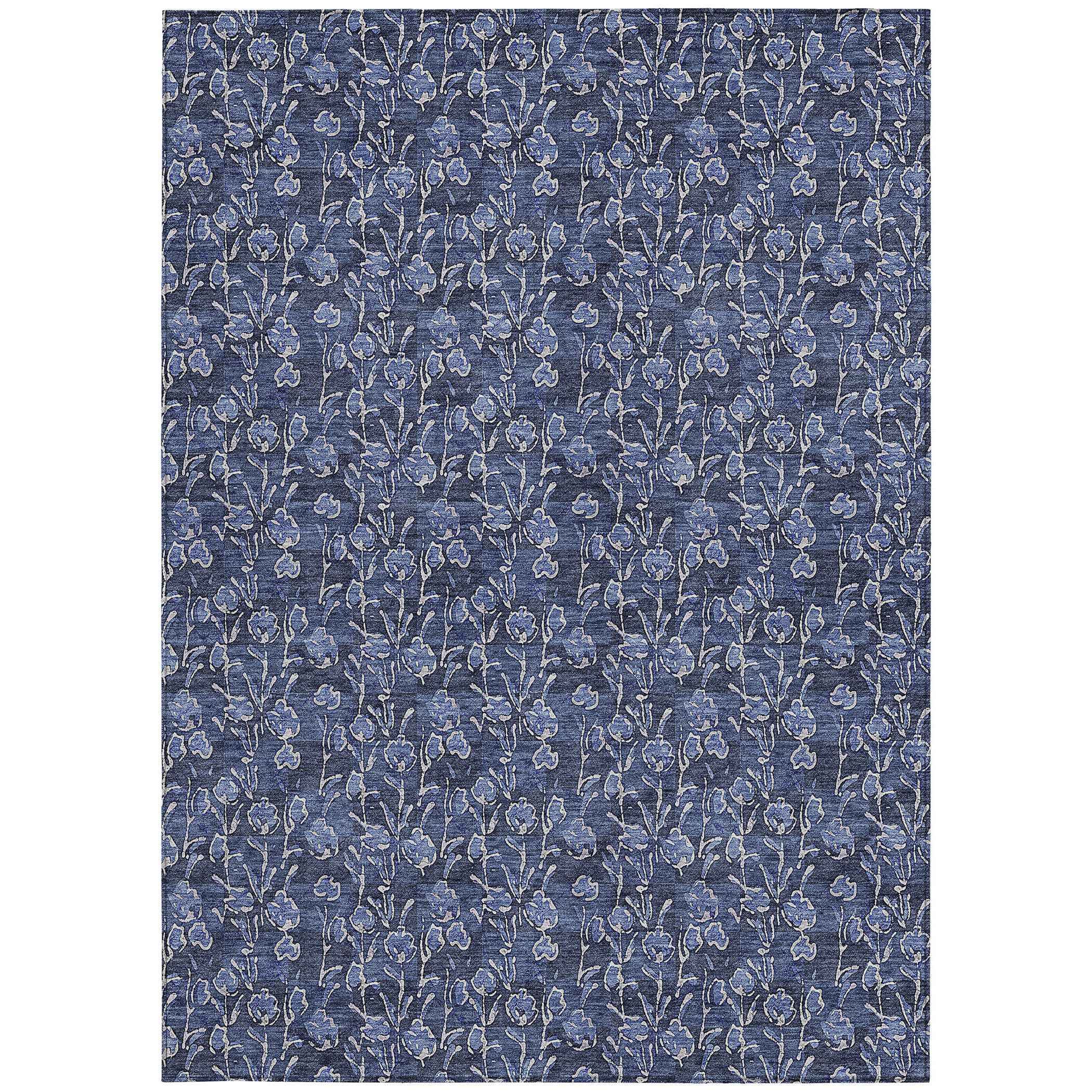 9' X 12' Navy Blue Denim Blue And Ivory Floral Washable Indoor Outdoor Area Rug