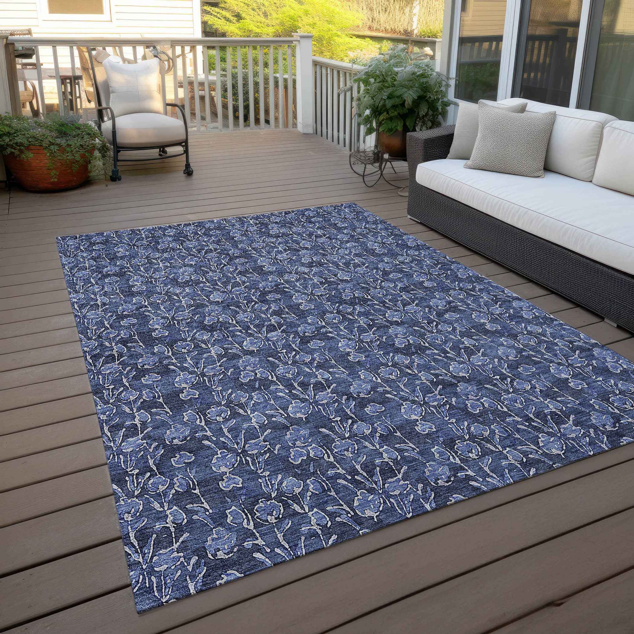 9' X 12' Navy Blue Denim Blue And Ivory Floral Washable Indoor Outdoor Area Rug