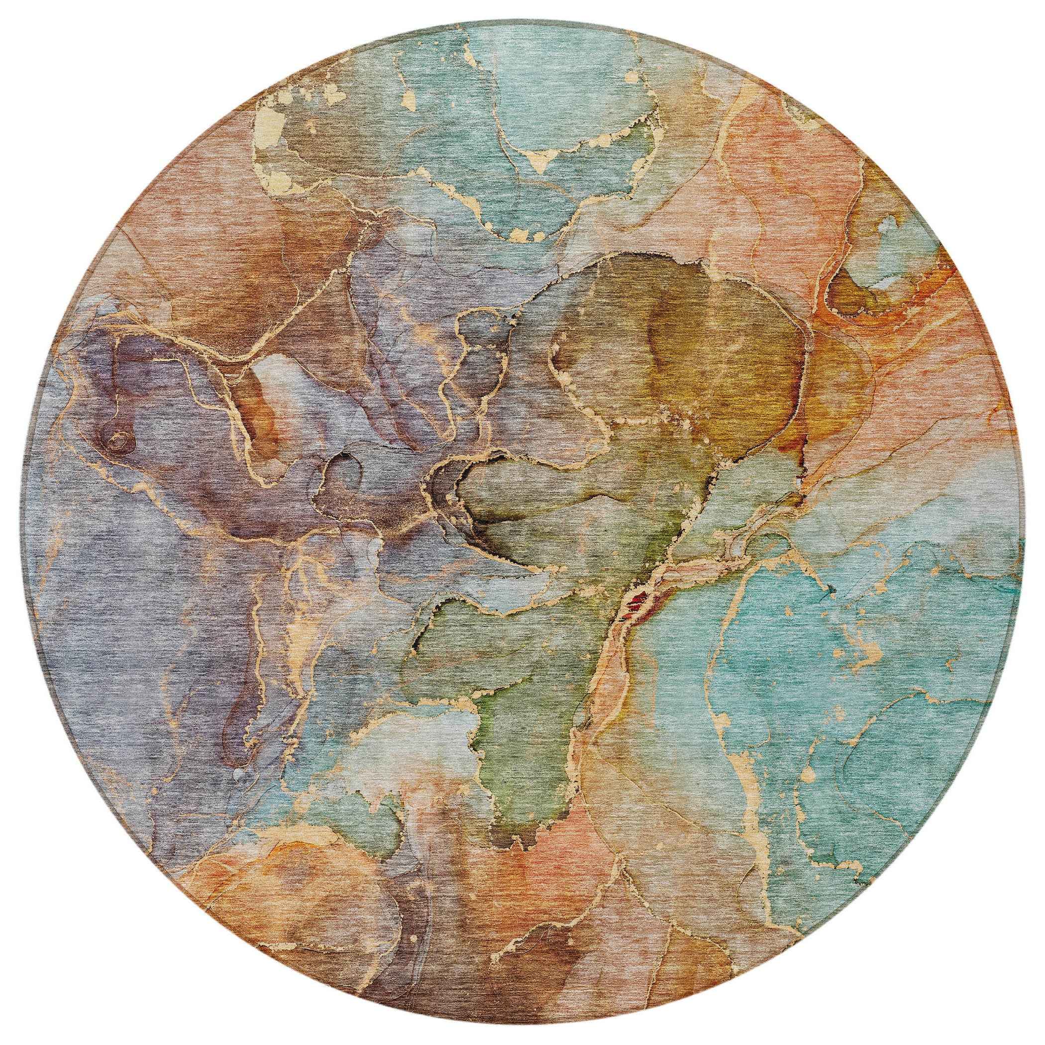 8' Copper Orange And Teal Blue Round Abstract Washable Indoor Outdoor Area Rug