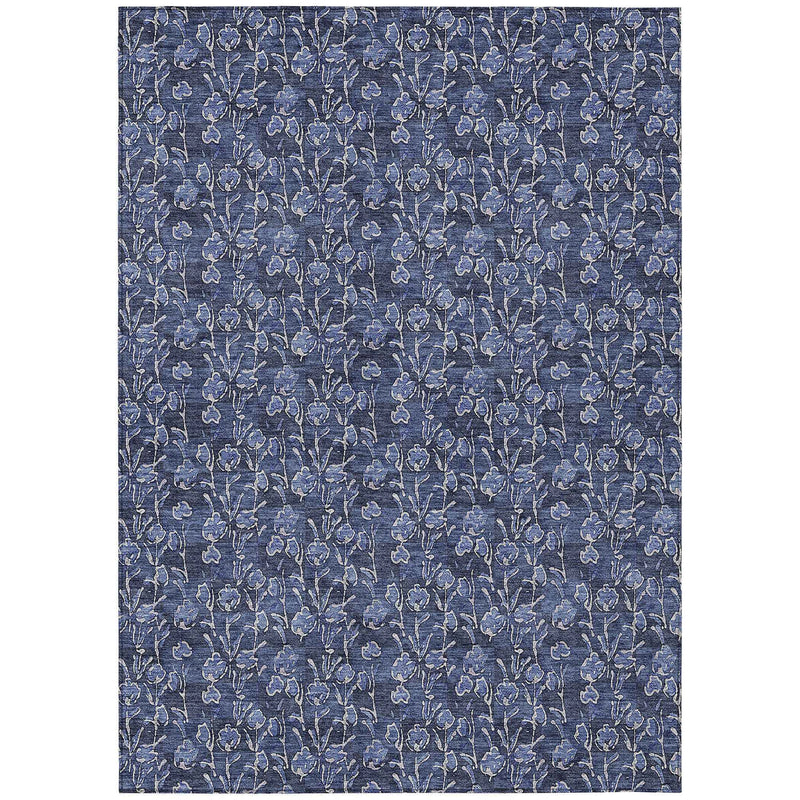 9' X 12' Navy Blue Denim Blue And Ivory Floral Washable Indoor Outdoor Area Rug